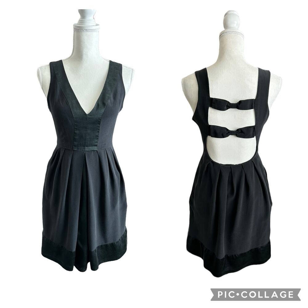 Walter Baker Silk Black Midi Dress Open Back Bow Innocent Doll Dressy Size 0 XS